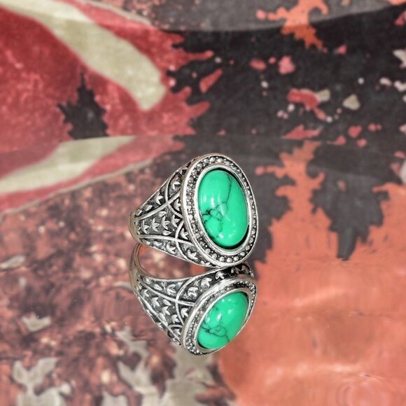 Peaks Jewelry Other - Ryann Bract Mens Etched Silver Ring Green Turquoise Simulate Size 7 Gift Boxed